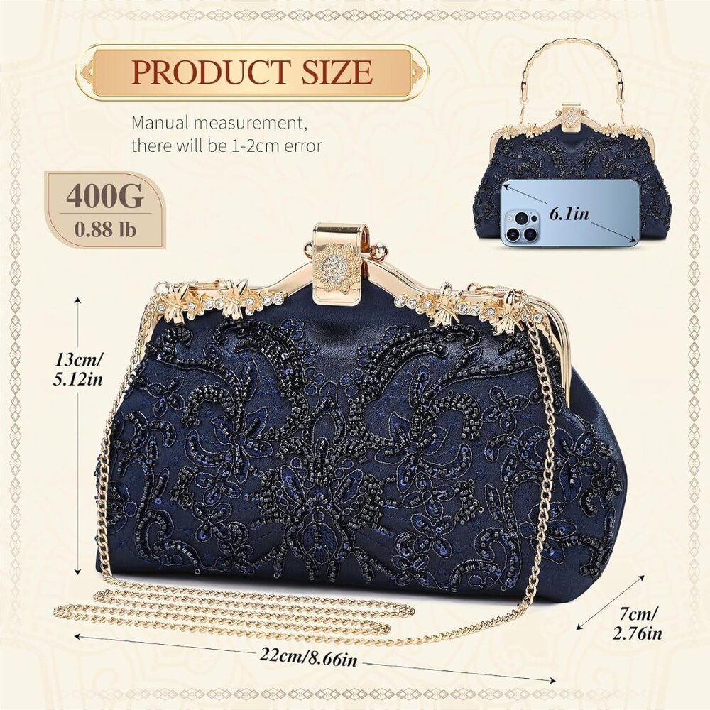 1920s Vintage Clutch Purse Beaded Evening Bag for Women Formal Bridal Sequin Han - Picture 4 of 8